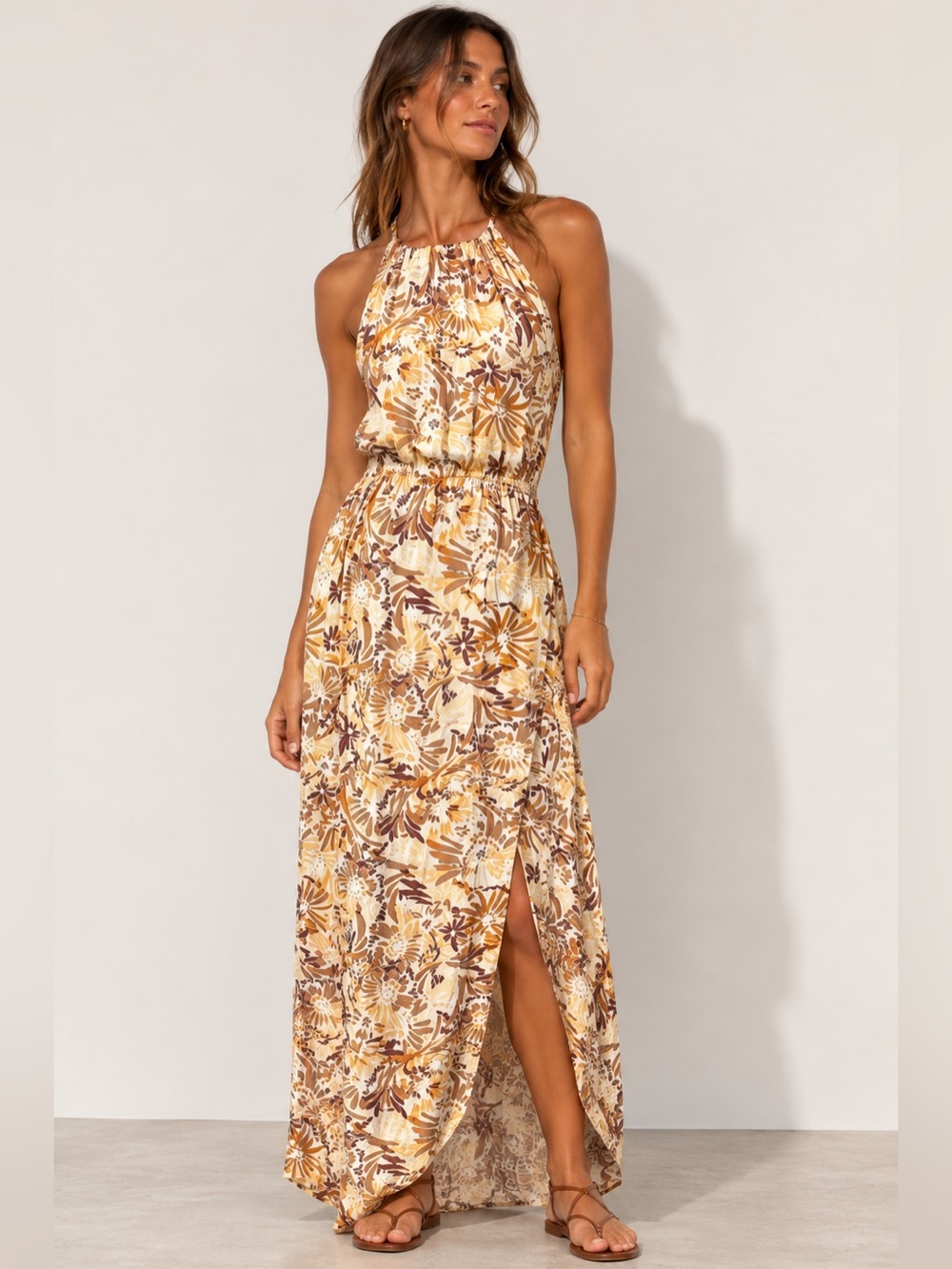 Joie Floral Halter Maxi Dress in Tan,  Brown, yellow